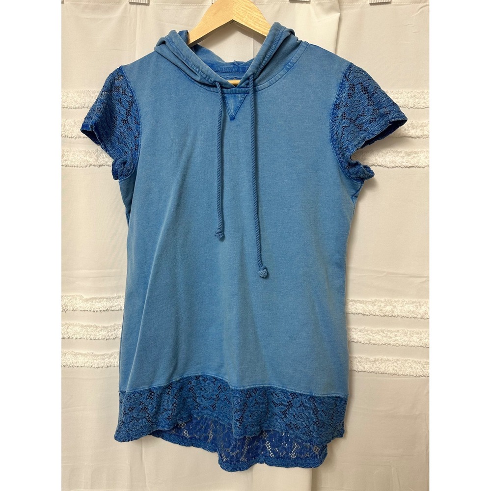 Vintage Y2K Relax Blue Lace Trim Short Sleeve Hoodie French Terry Top Large